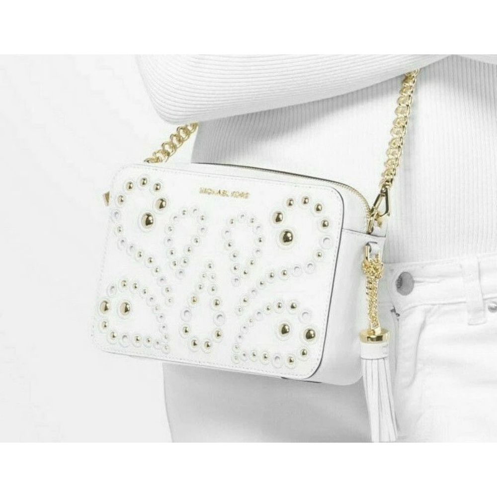 MICHAEL KORS Ginny Gold Studded White Leather Crossbody Orig $248 - Picture 3 of 4